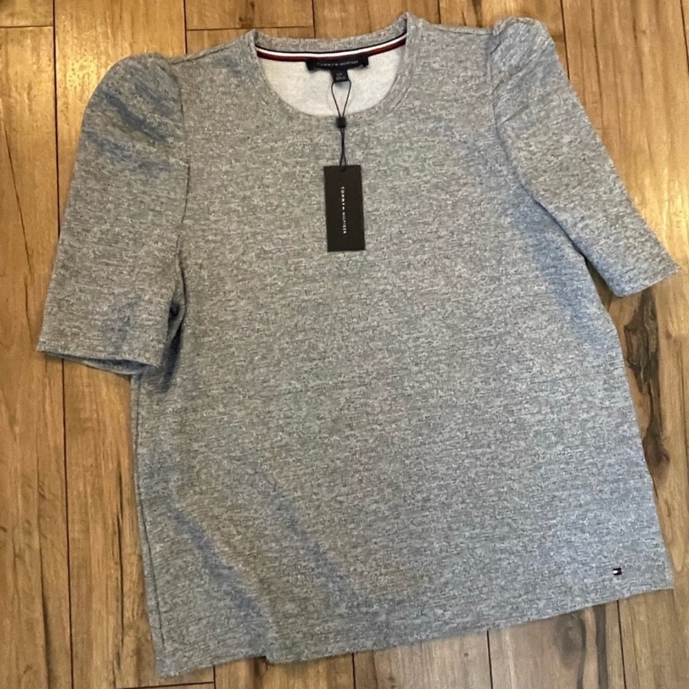 Tommy Hilfiger size large grey shimmering top. This is new but tag came off.